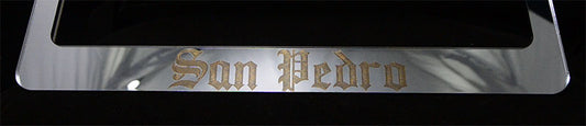 San Pedro Black Chrome & Gold Engraving License Plate Frame