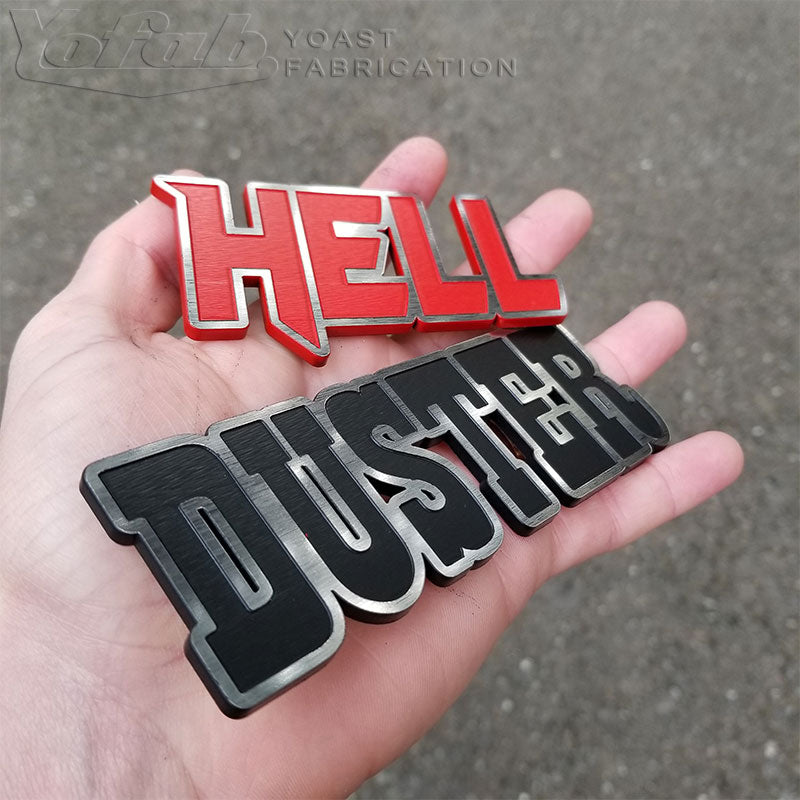 Hell Duster emblem: stainless with satin red and black paint fill.