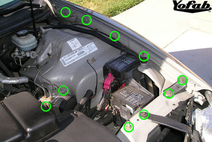 The green circles in the pictures below represent the stock bolts that get replaced on the Camaro